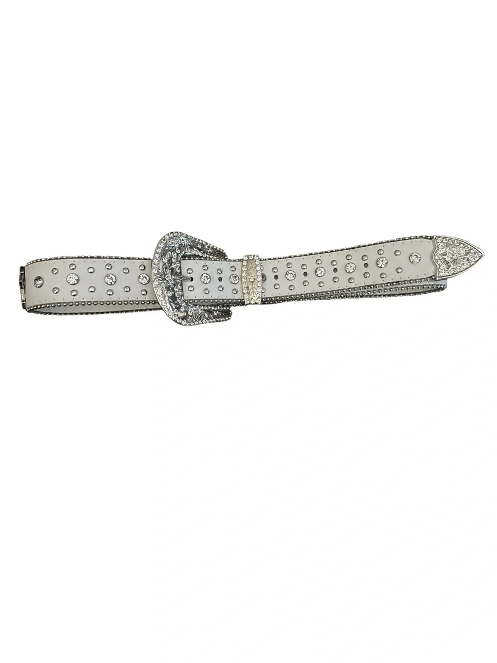 White Rhinestone Western Buckle Belt - Decorative Crosses & Silver Hardware